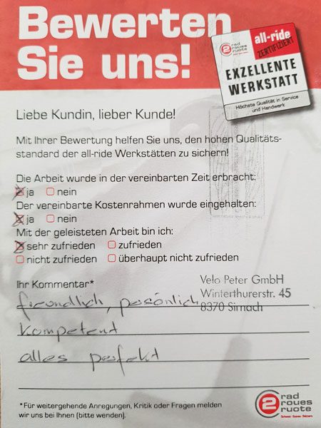 Ausgefüllte Kundenbewertung «Bewerten Sie uns!»