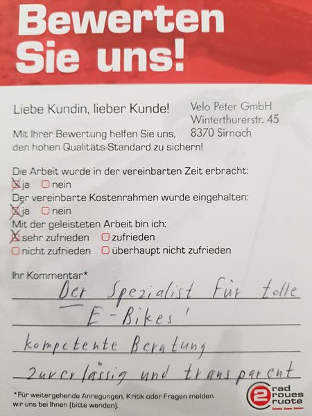 Ausgefüllte Kundenbewertung «Bewerten Sie uns!»