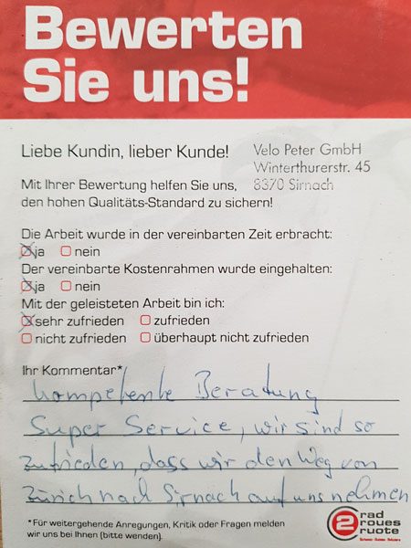 Ausgefüllte Kundenbewertung «Bewerten Sie uns!»